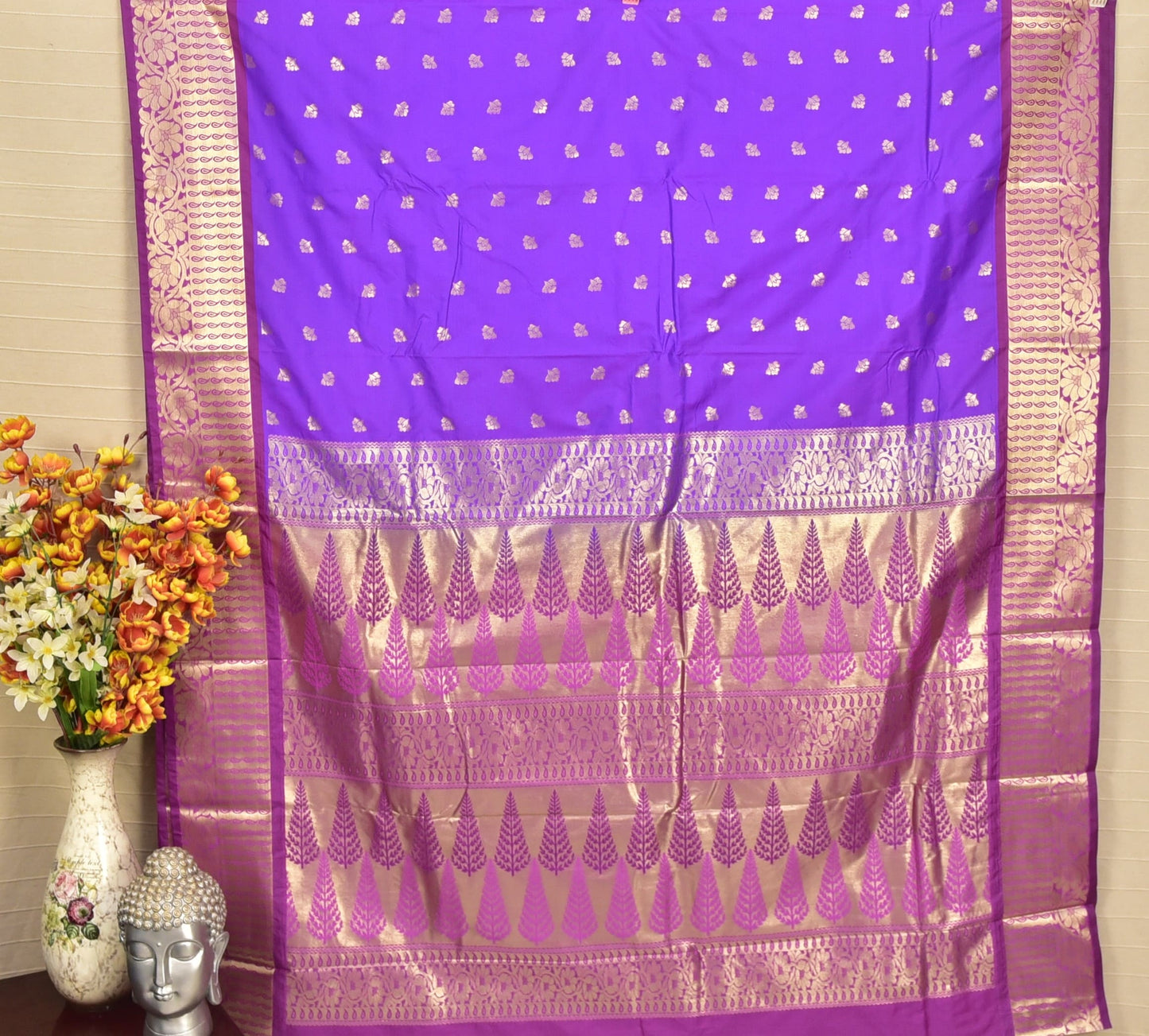 Vibrant Purple with Zari Floral Border Soft Silk Saree