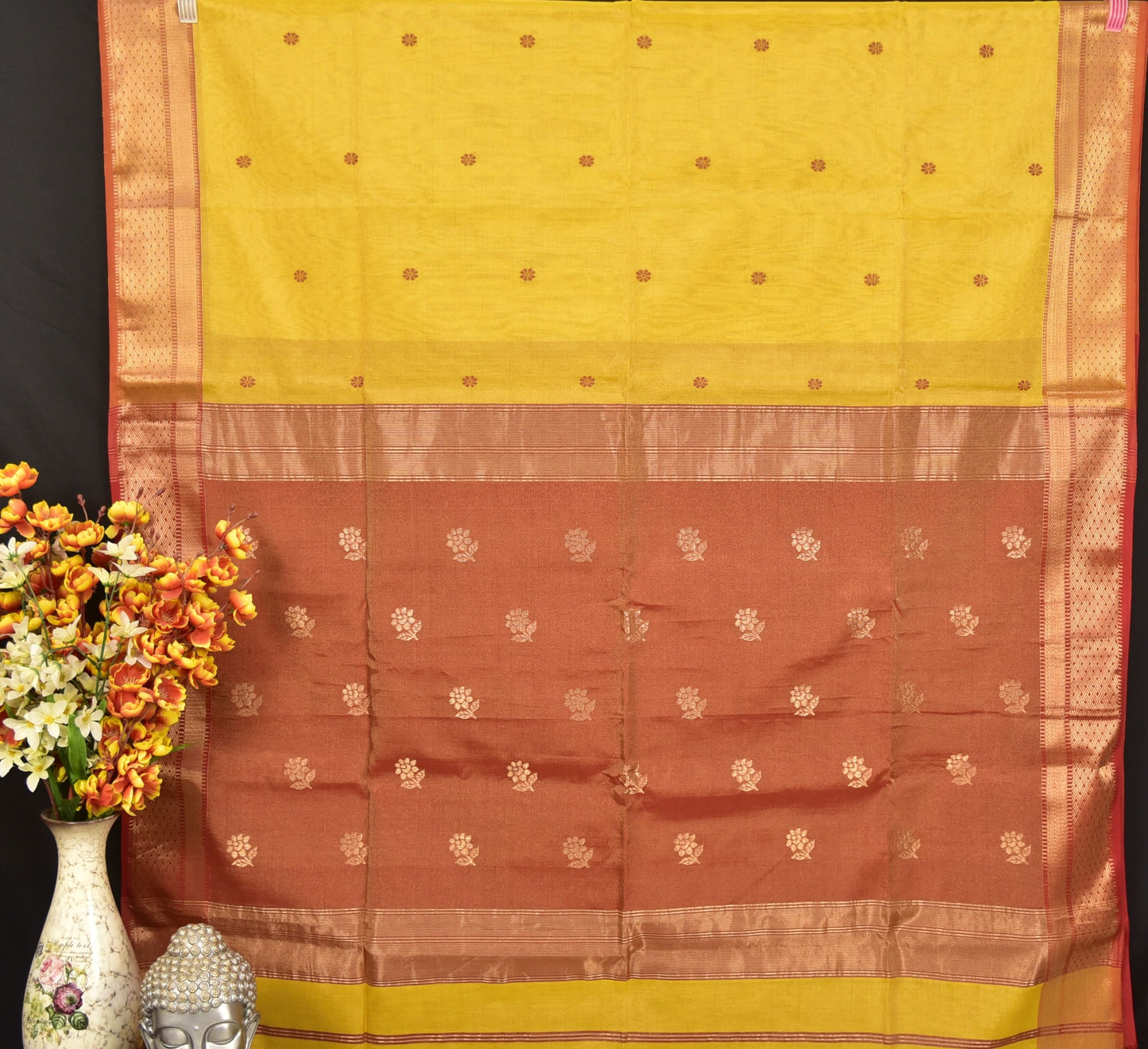 Golden Mustard & Rust Red Maheshwari Tissue Silk Saree