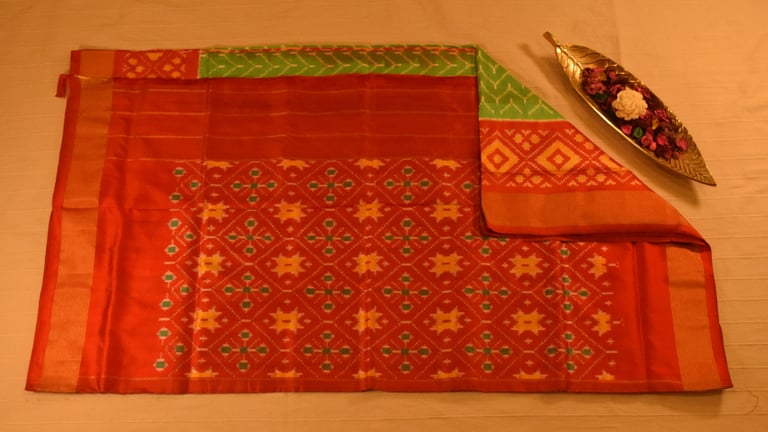 Lime Green and Vermillion Red Pure handloom Pochampally Ikat Silk saree