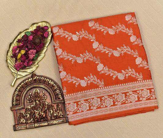 Vibrant Orange Banarasi Mashru Saree with Silver Floral Zari