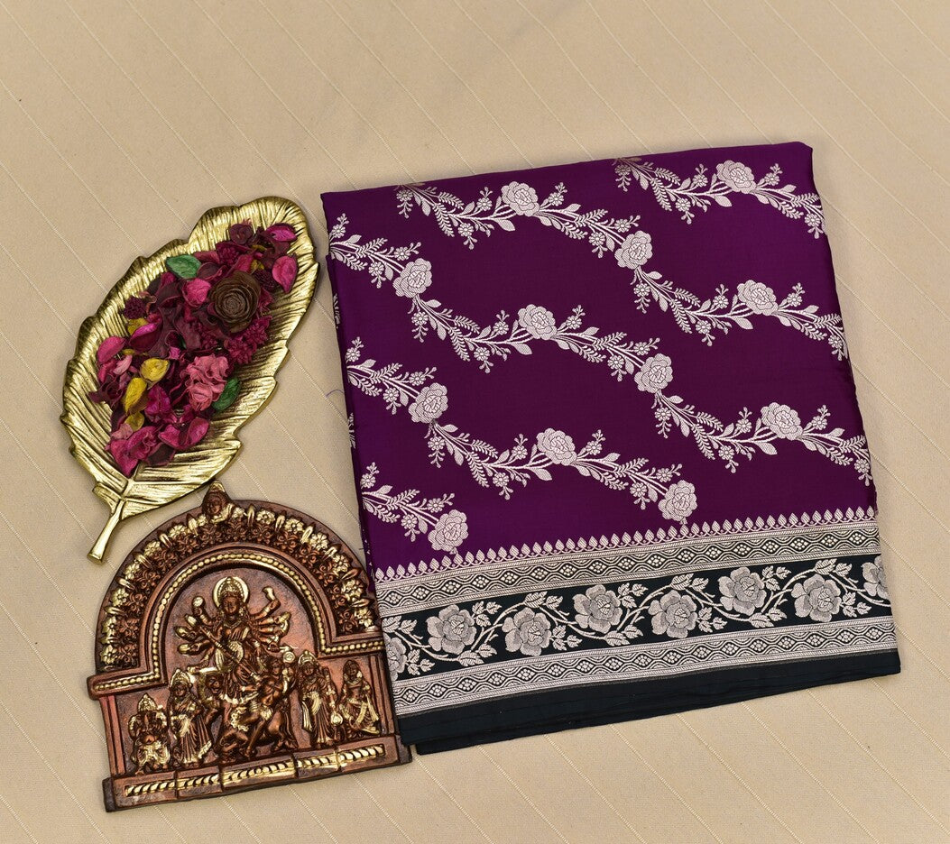 Royal Purple Banarasi Mashru Saree with Silver Floral Zari