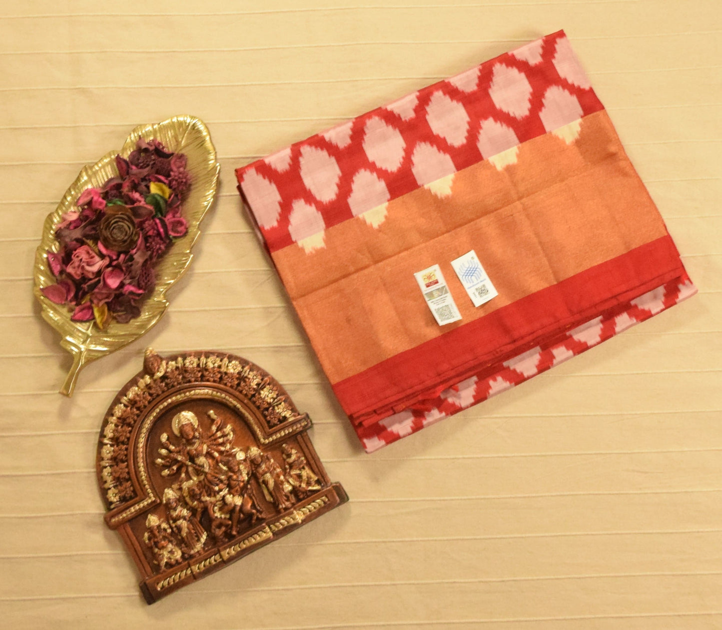Coral Red Pure Handloom Pochampally Ikat Silk Saree