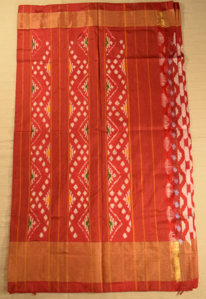 Coral Red Pure Handloom Pochampally Ikat Silk Saree