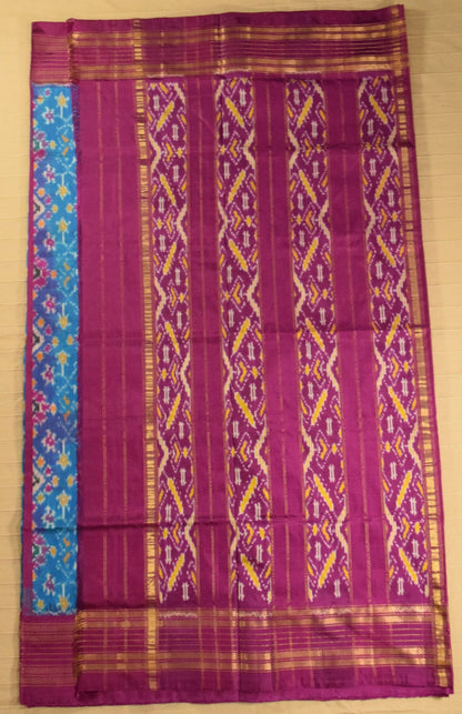 Sky Blue & Magenta Pink Pure Handloom Pochampally Ikat Silk Saree