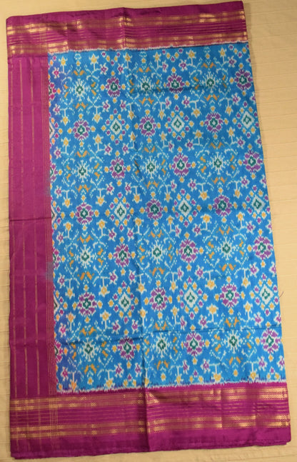 Sky Blue & Magenta Pink Pure Handloom Pochampally Ikat Silk Saree