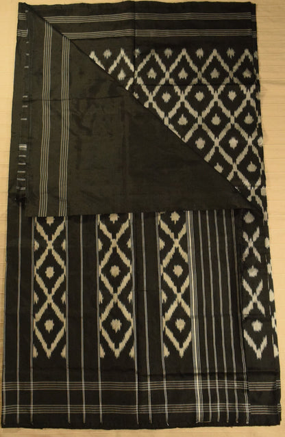 Jet Black Pure Handloom Pochampally Ikat Silk Saree