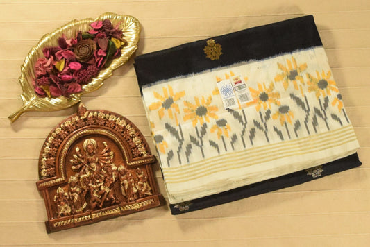 Classic Jet Black & Off-White Pure Pochampally Ikkat Silk Saree