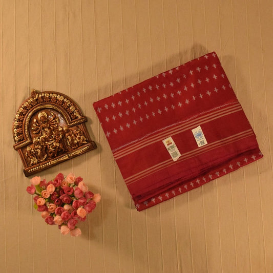Red with White Motifs Pure handloom Pochampally Ikat Silk saree