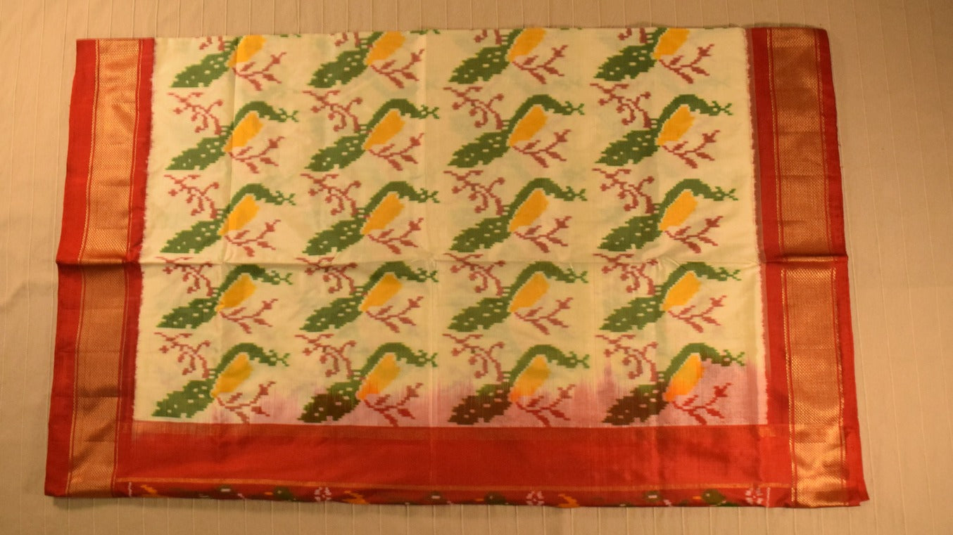 Ivory with Red Zari Border Pure handloom Pochampally Ikat Silk saree