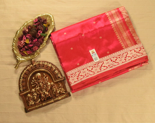 Radiant Coral Red Pure Katan Resham Zari Banarasi Silk Saree