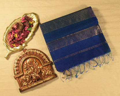 Dual-Tone Peacock Blue Handwoven Maheshwari Silk Cotton Saree