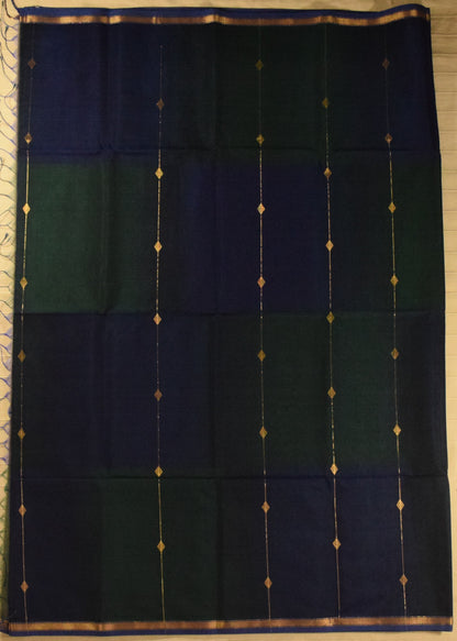 Dual-Tone Midnight Blue & Forest Green Handwoven Maheshwari Silk Cotton Saree