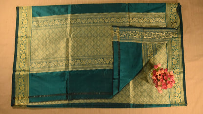 Stunning Teal Banarasi Katan Silk Saree with Golden Zari Weaving