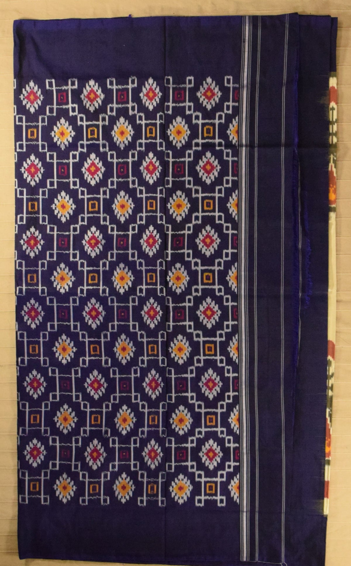 Off-White & Midnight Blue Pure Pochampally Ikkat Silk Saree