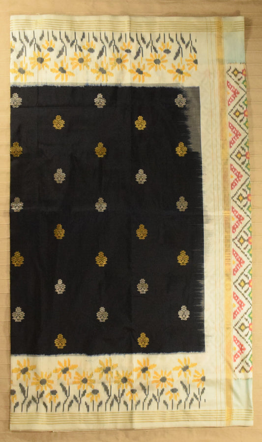 Classic Jet Black & Off-White Pure Pochampally Ikkat Silk Saree