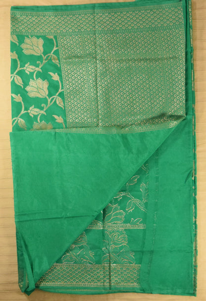 Luminous Emerald Green Floral Jaal Semi Banarasi Silk Saree