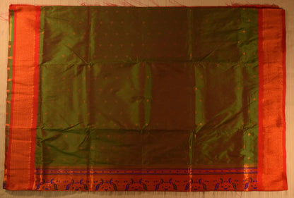 Olive Green and Red Paithani Silk Saree