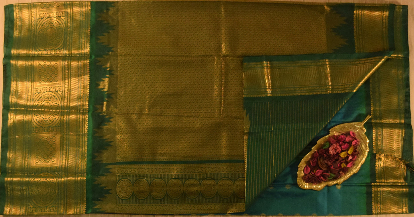Aqua Blue and Olive Green Semi Gadwal silk saree