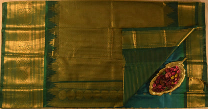 Aqua Blue and Olive Green Semi Gadwal silk saree
