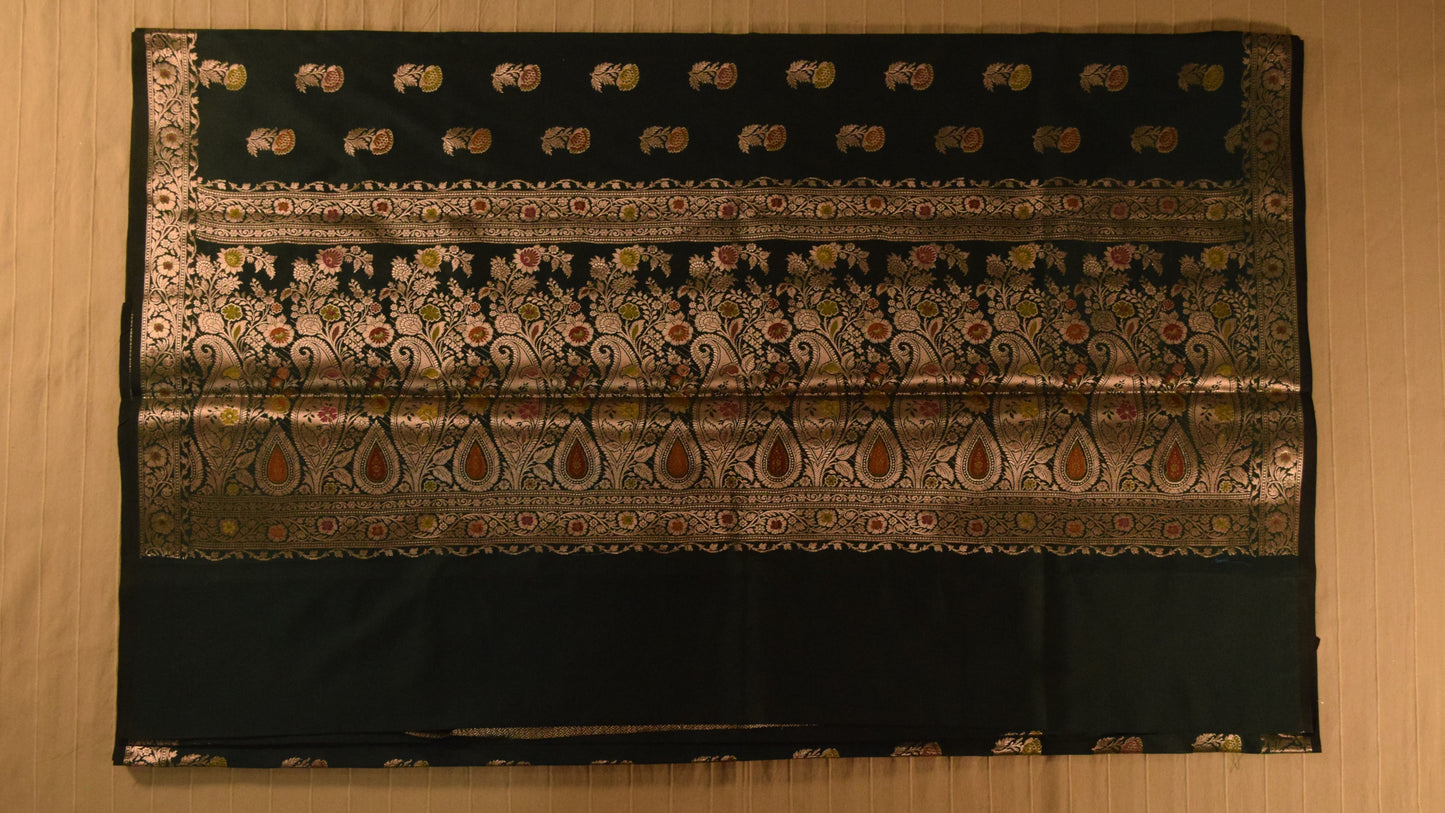 Bottle Green Semi Banarasi Saree