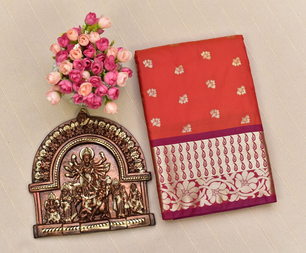 Vibrant Coral Red/Orange Soft Silk Saree