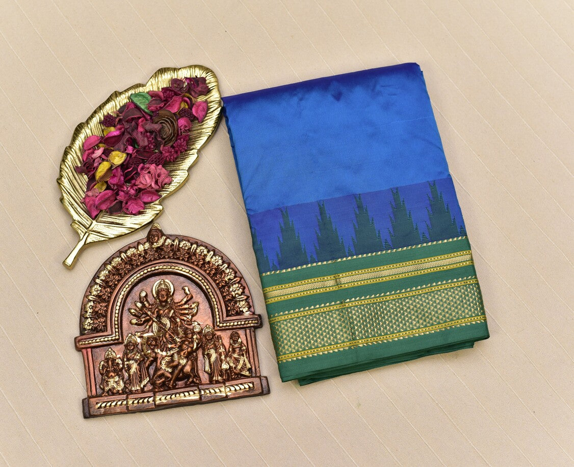 Vibrant Sky Blue & Forest Green Traditional Ilkal Silk-Cotton Saree