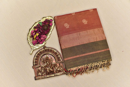 Earthy Olive Green & Rust Red Maheshwari Tissue Silk Saree