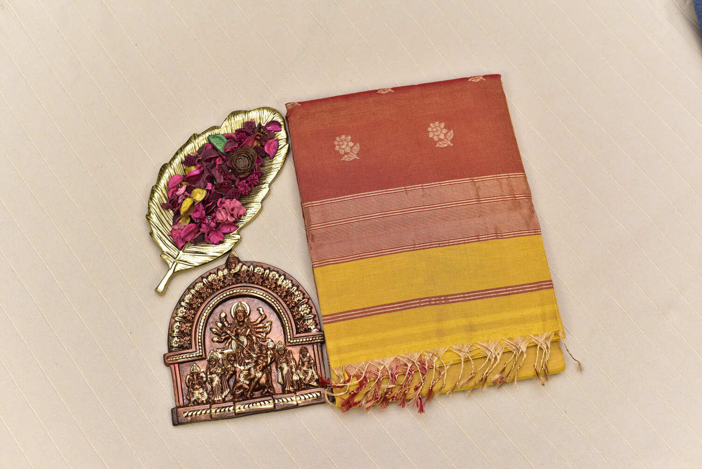 Golden Mustard & Rust Red Maheshwari Tissue Silk Saree