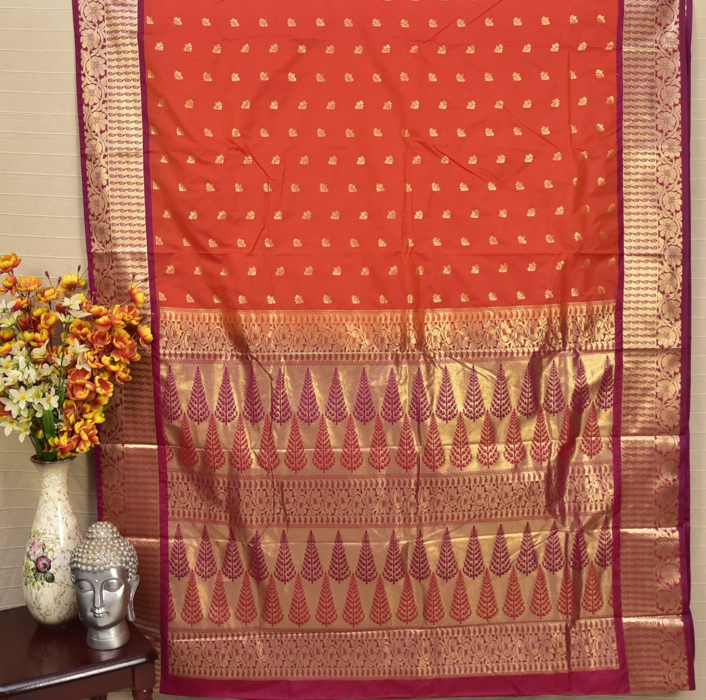 Vibrant Coral Red/Orange Soft Silk Saree