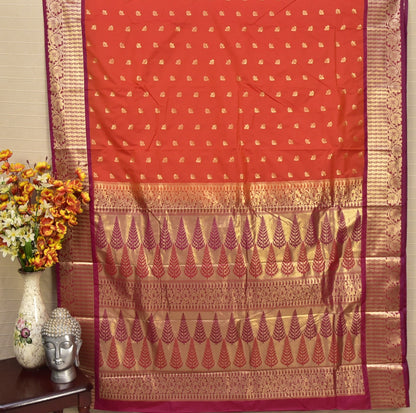 Vibrant Coral Red/Orange Soft Silk Saree