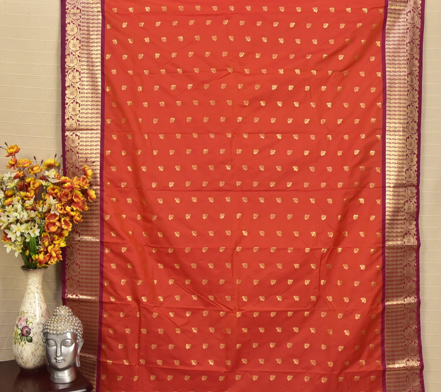 Vibrant Coral Red/Orange Soft Silk Saree