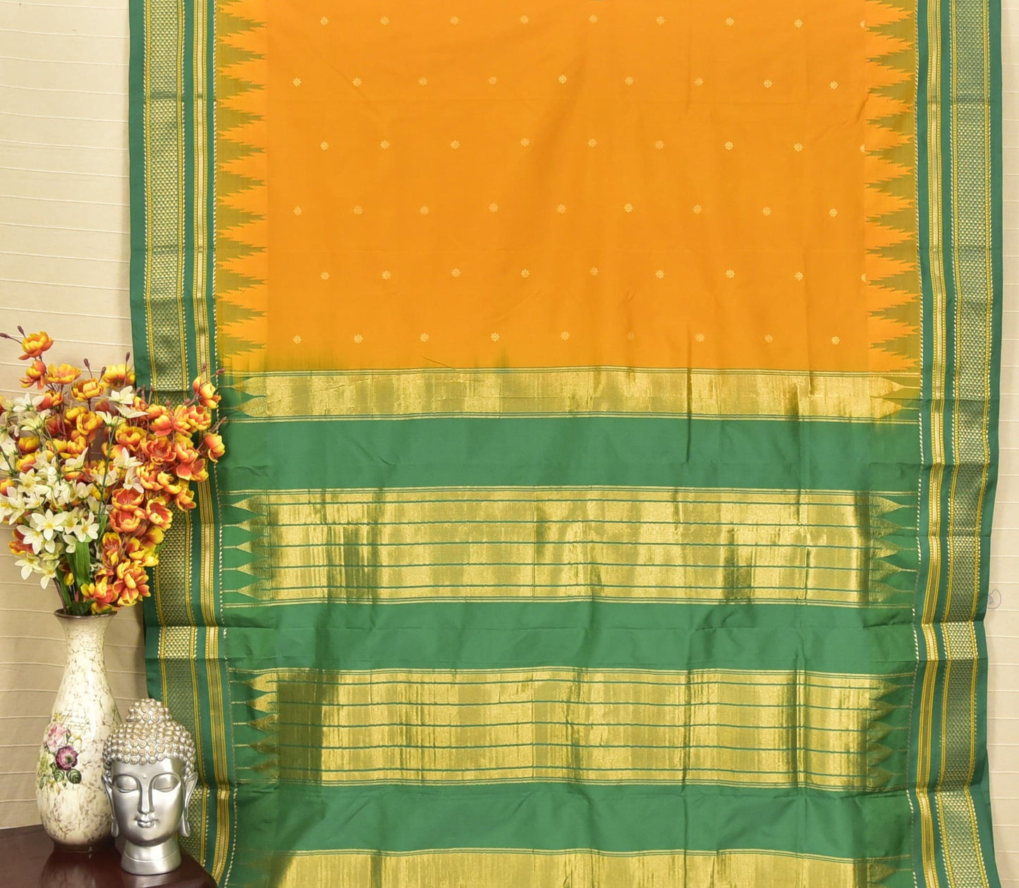 Mustard Yellow & Green Handloom Ilkal Silk-Cotton Saree