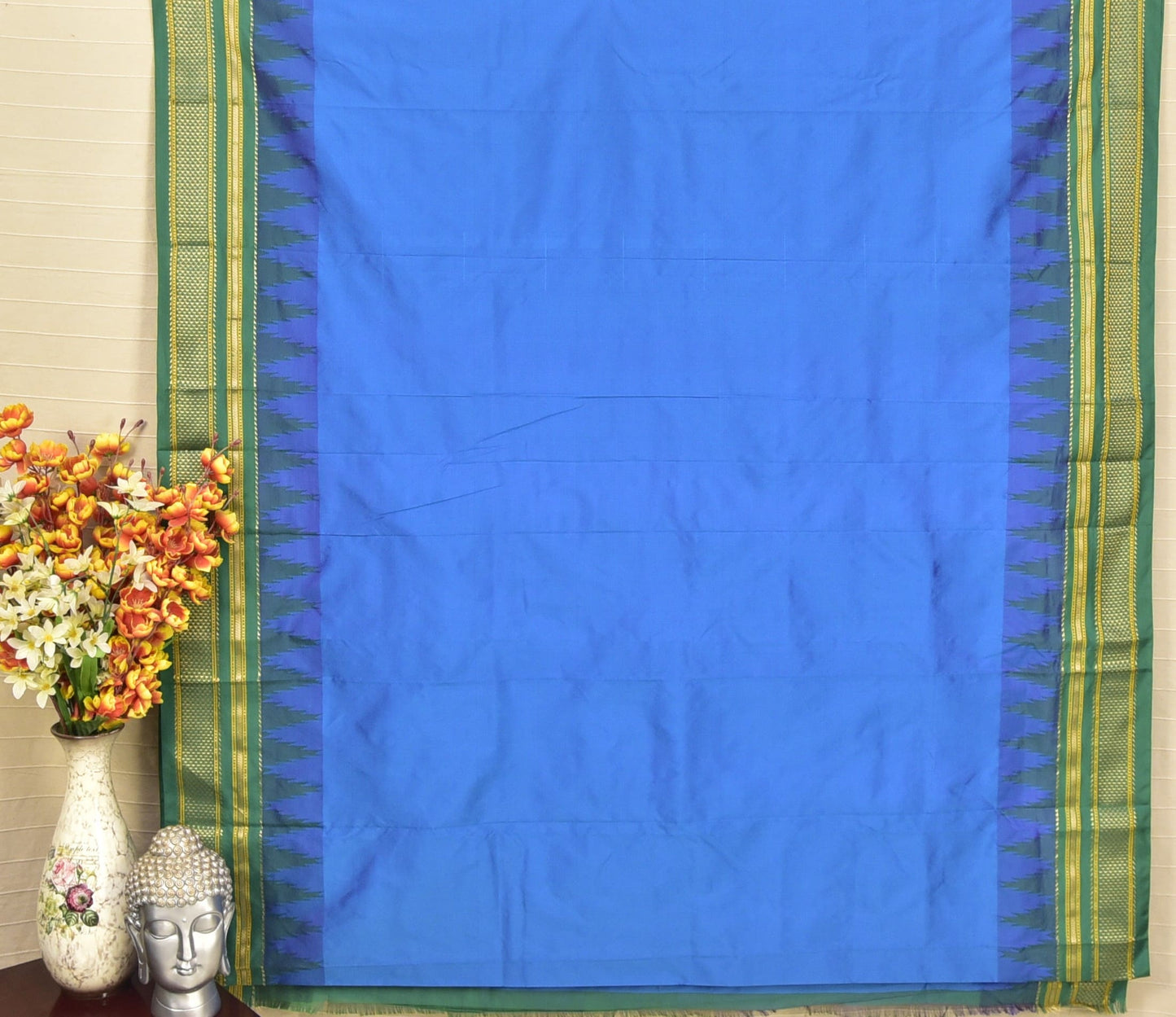 Vibrant Sky Blue & Forest Green Traditional Ilkal Silk-Cotton Saree