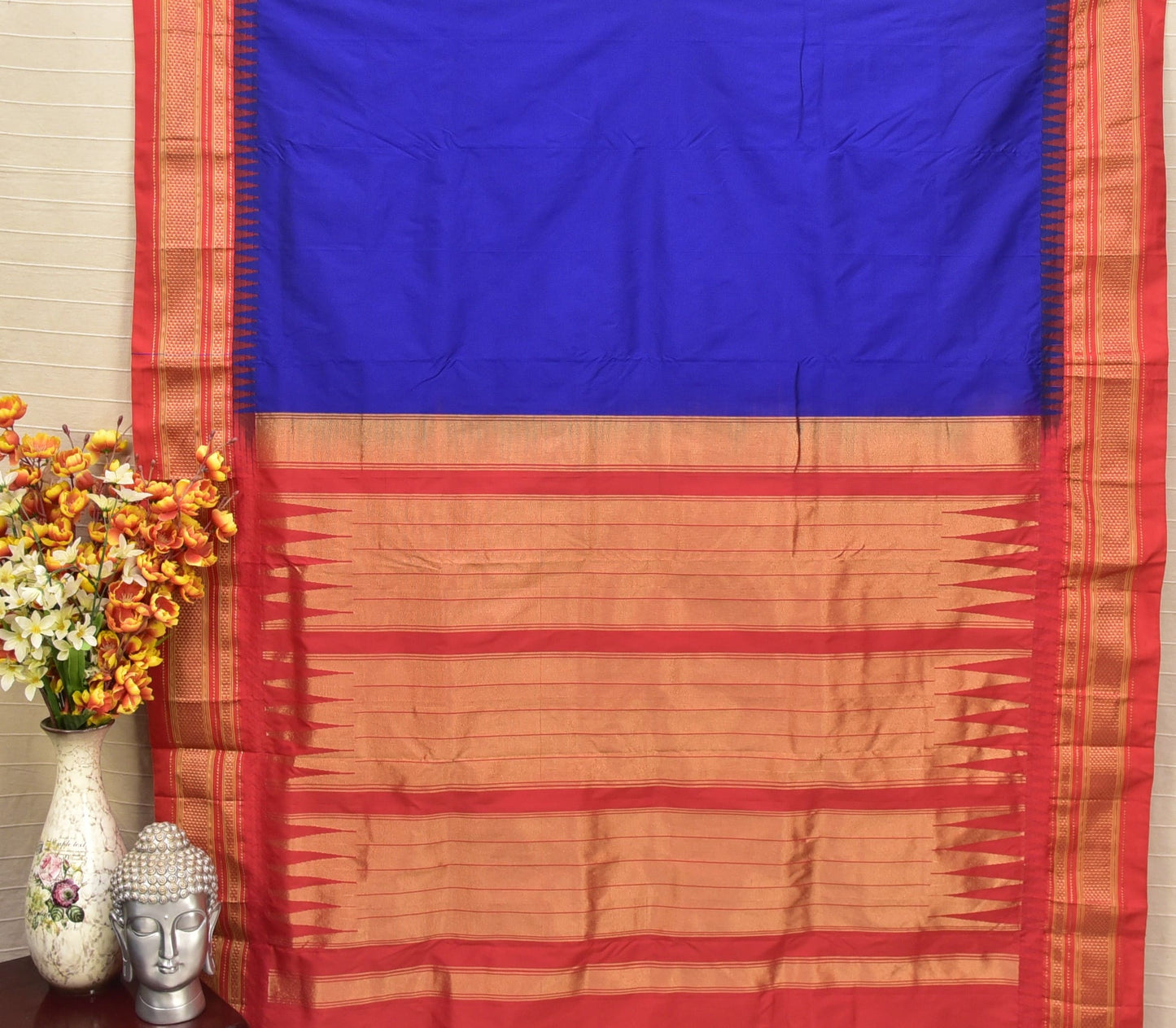 Royal Blue & Red Traditional Ilkal Silk-Cotton Saree