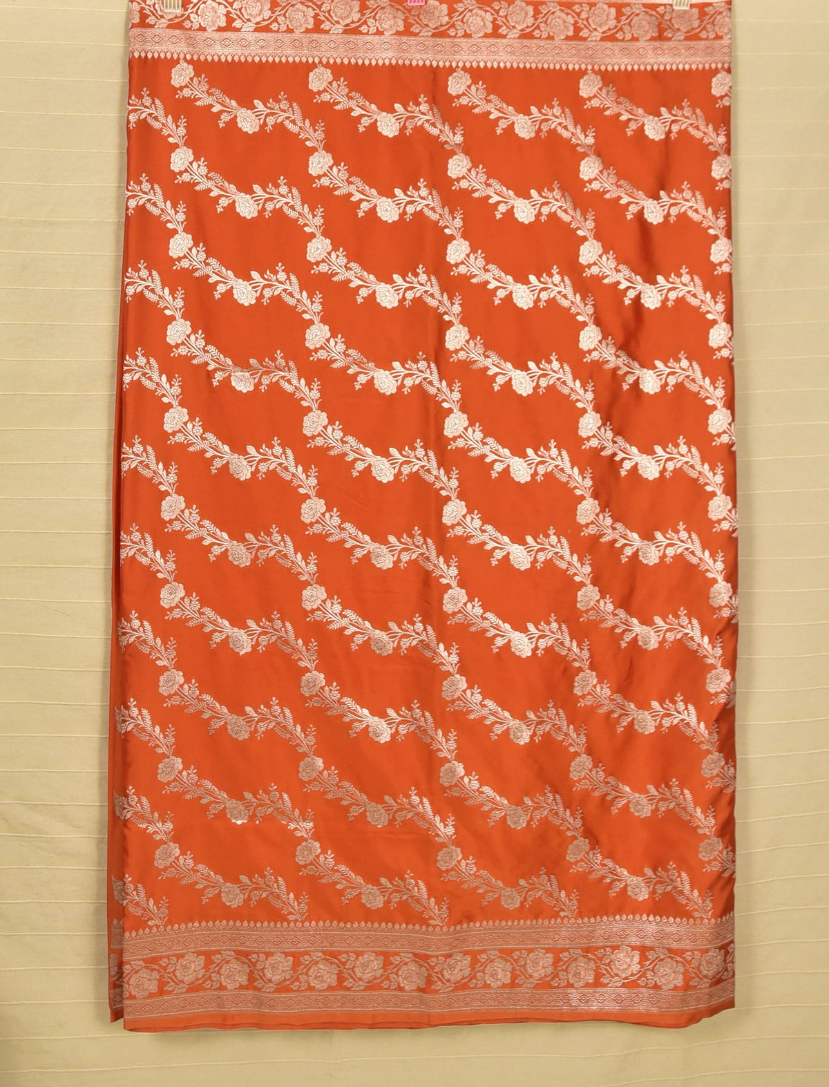 Vibrant Orange Banarasi Mashru Saree with Silver Floral Zari