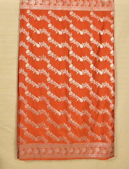 Vibrant Orange Banarasi Mashru Saree with Silver Floral Zari