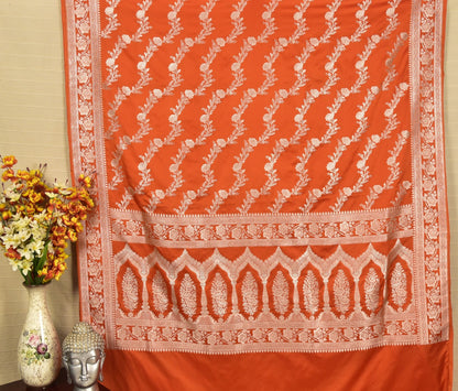 Vibrant Orange Banarasi Mashru Saree with Silver Floral Zari