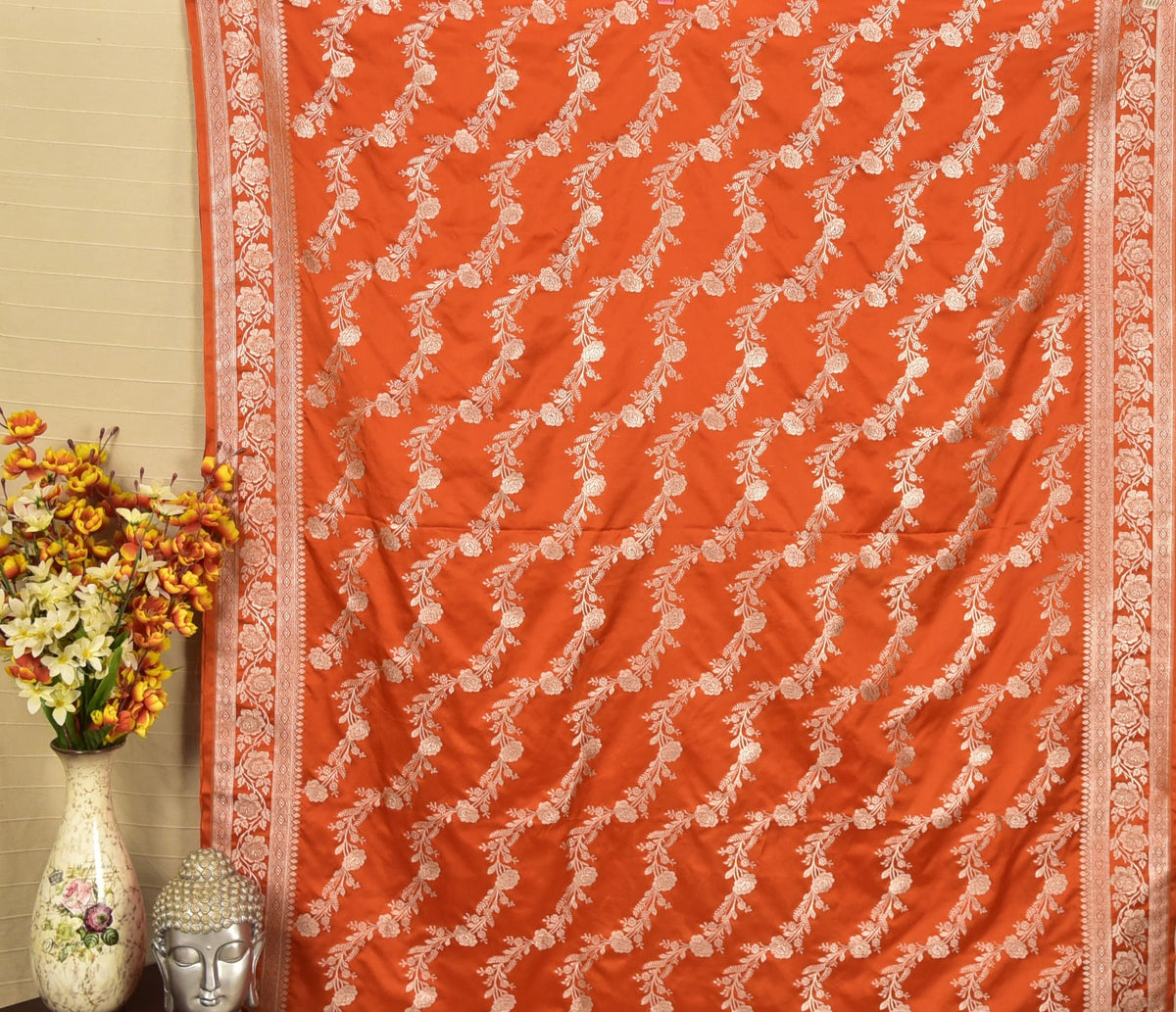 Vibrant Orange Banarasi Mashru Saree with Silver Floral Zari