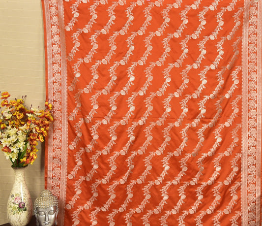 Vibrant Orange Banarasi Mashru Saree with Silver Floral Zari