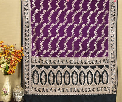 Royal Purple Banarasi Mashru Saree with Silver Floral Zari