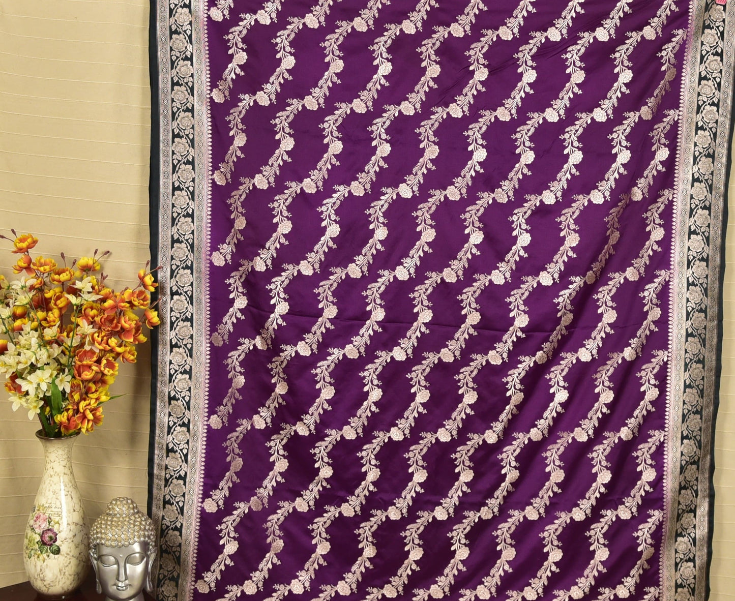 Royal Purple Banarasi Mashru Saree with Silver Floral Zari