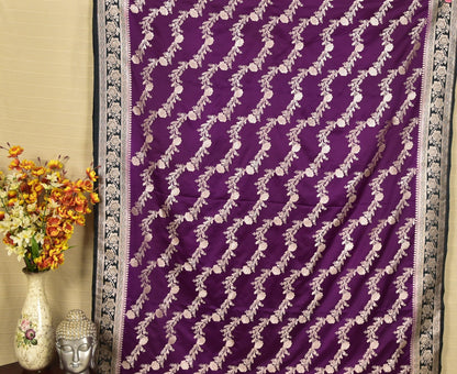 Royal Purple Banarasi Mashru Saree with Silver Floral Zari
