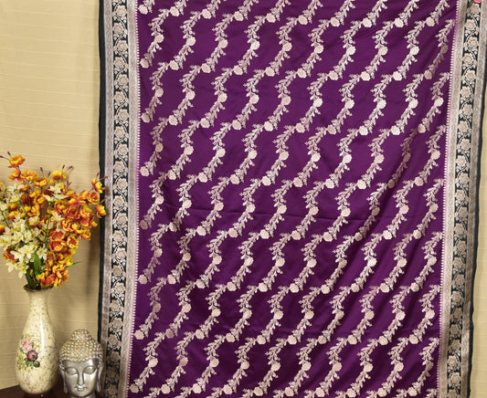 Royal Purple Banarasi Mashru Saree with Silver Floral Zari