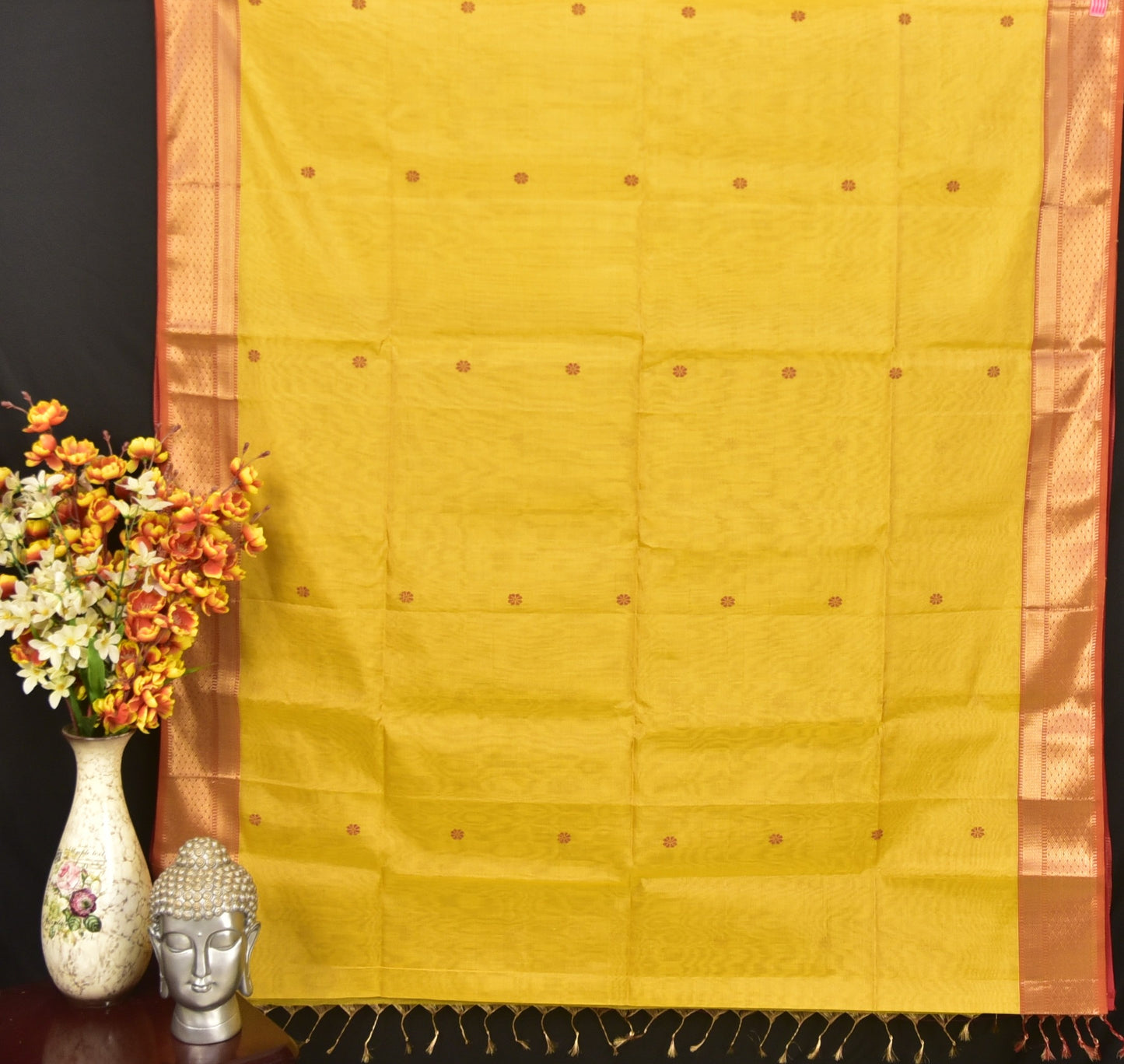 Golden Mustard & Rust Red Maheshwari Tissue Silk Saree