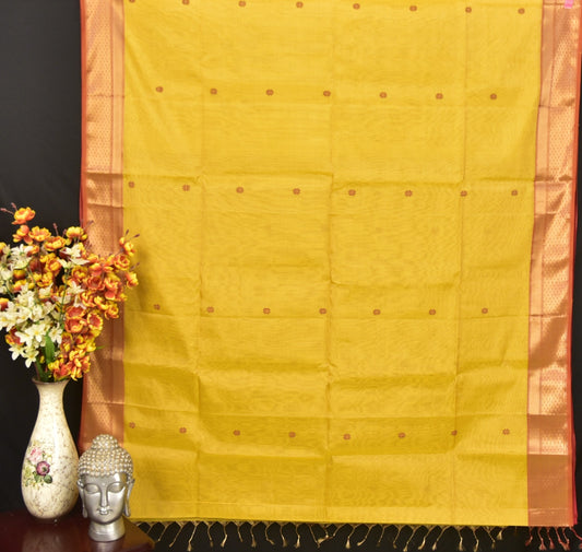Golden Mustard & Rust Red Maheshwari Tissue Silk Saree