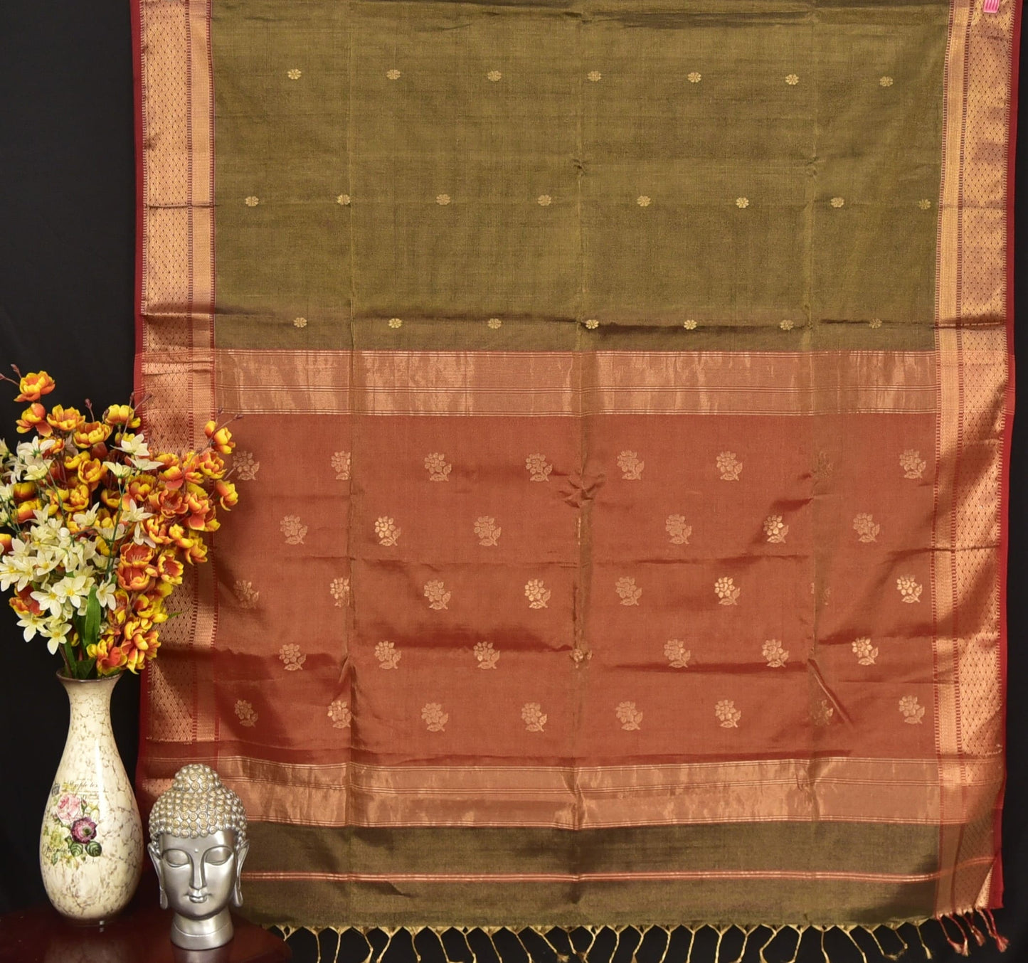 Earthy Olive Green & Rust Red Maheshwari Tissue Silk Saree