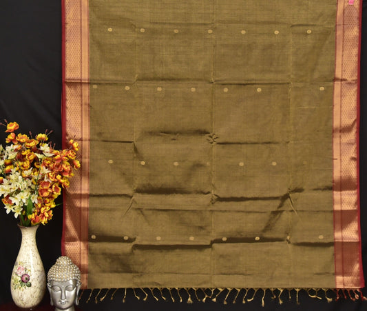 Earthy Olive Green & Rust Red Maheshwari Tissue Silk Saree