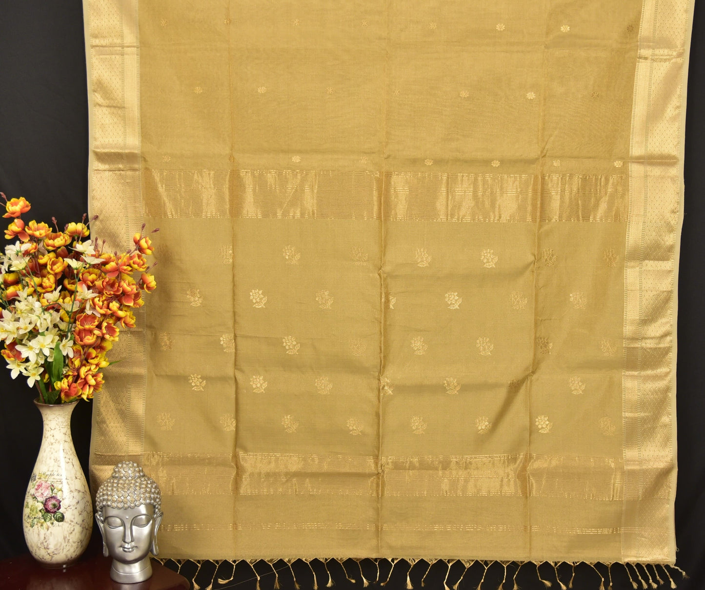Antique Gold Maheshwari Tissue Silk Saree with Delicate Floral Butti