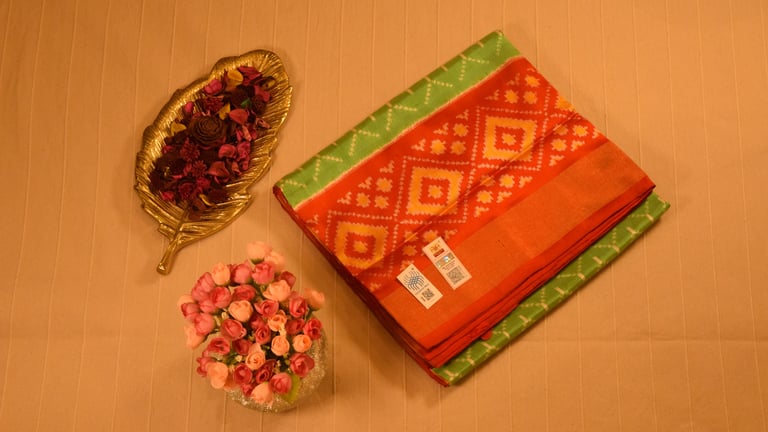 Lime Green and Vermillion Red Pure handloom Pochampally Ikat Silk saree