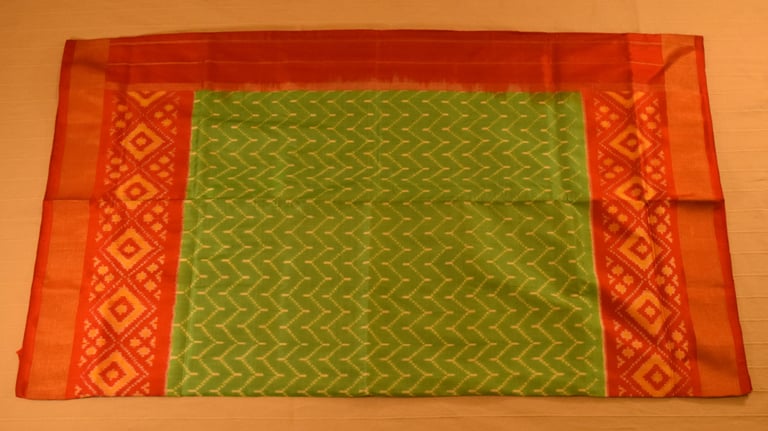 Lime Green and Vermillion Red Pure handloom Pochampally Ikat Silk saree